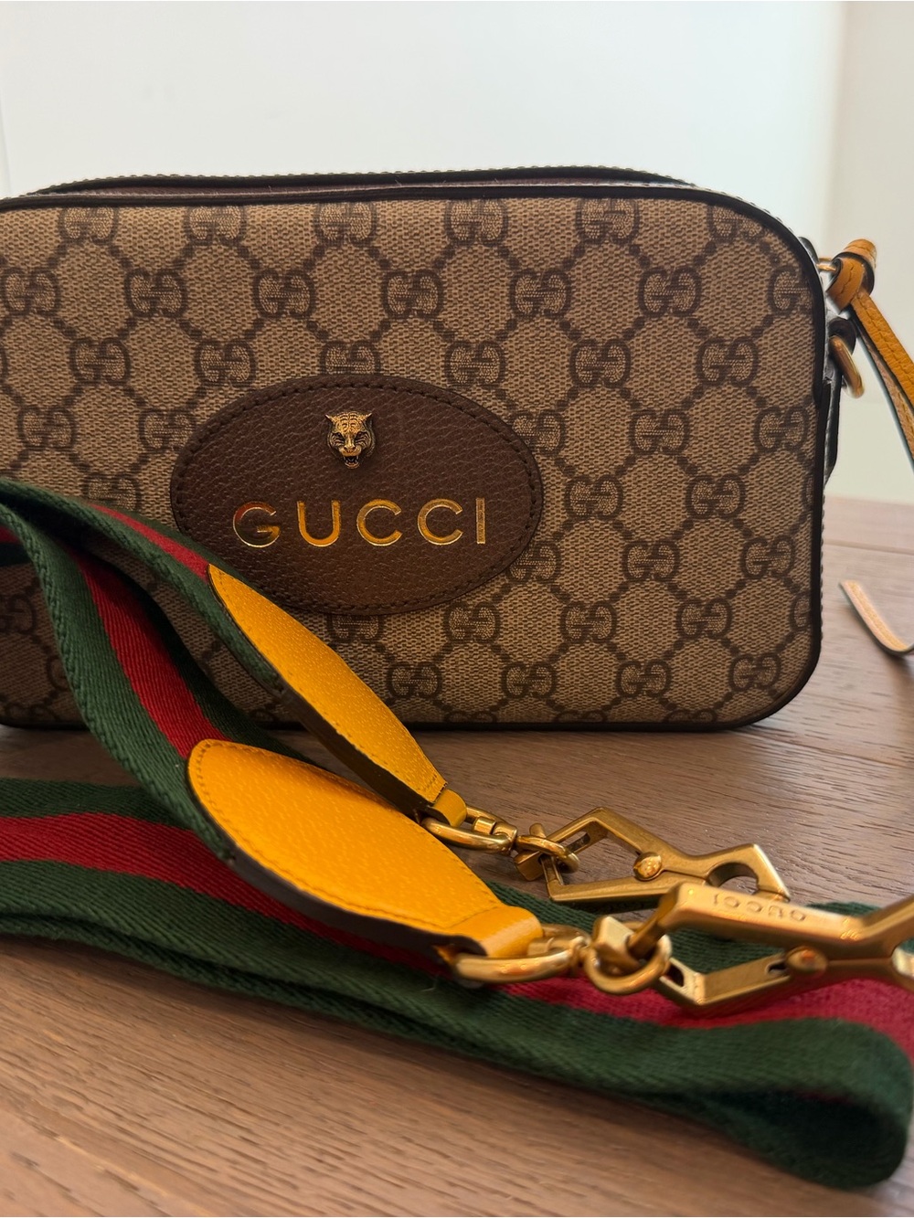 Gucci Brown GG Supreme Canvas Crossbody with Green-Red Web and Yellow Accents